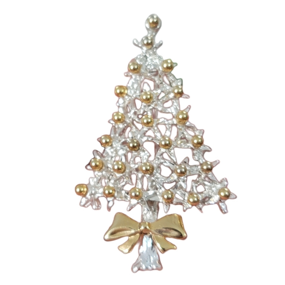 Vintage Gold and silver tone Christmas tree brooch pin with bow and ornaments.